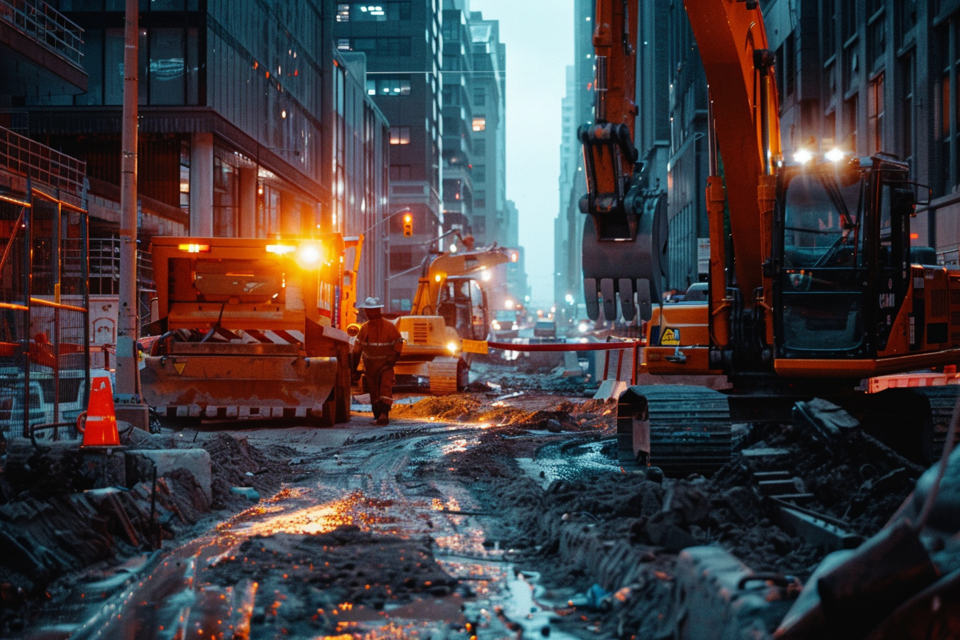 A Construction Site With Heavy Machinery And Warning Signs Equipped With Amber Lights, Highlighting Worker Safety Measures.