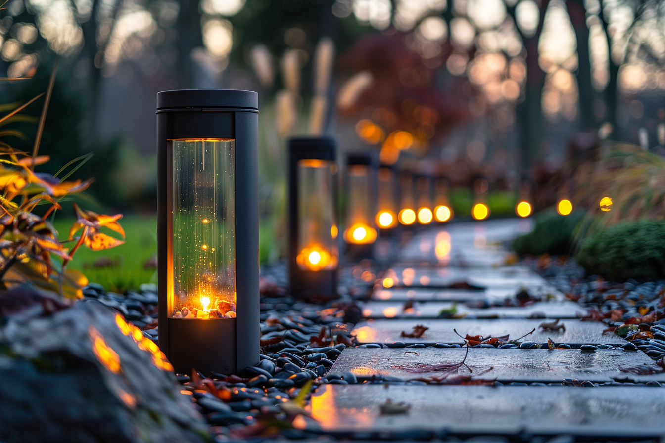 Minimalist Bollard Lights Installed Along A Contemporary Garden Path At Dusk, With Warm, Ambient Lighting.