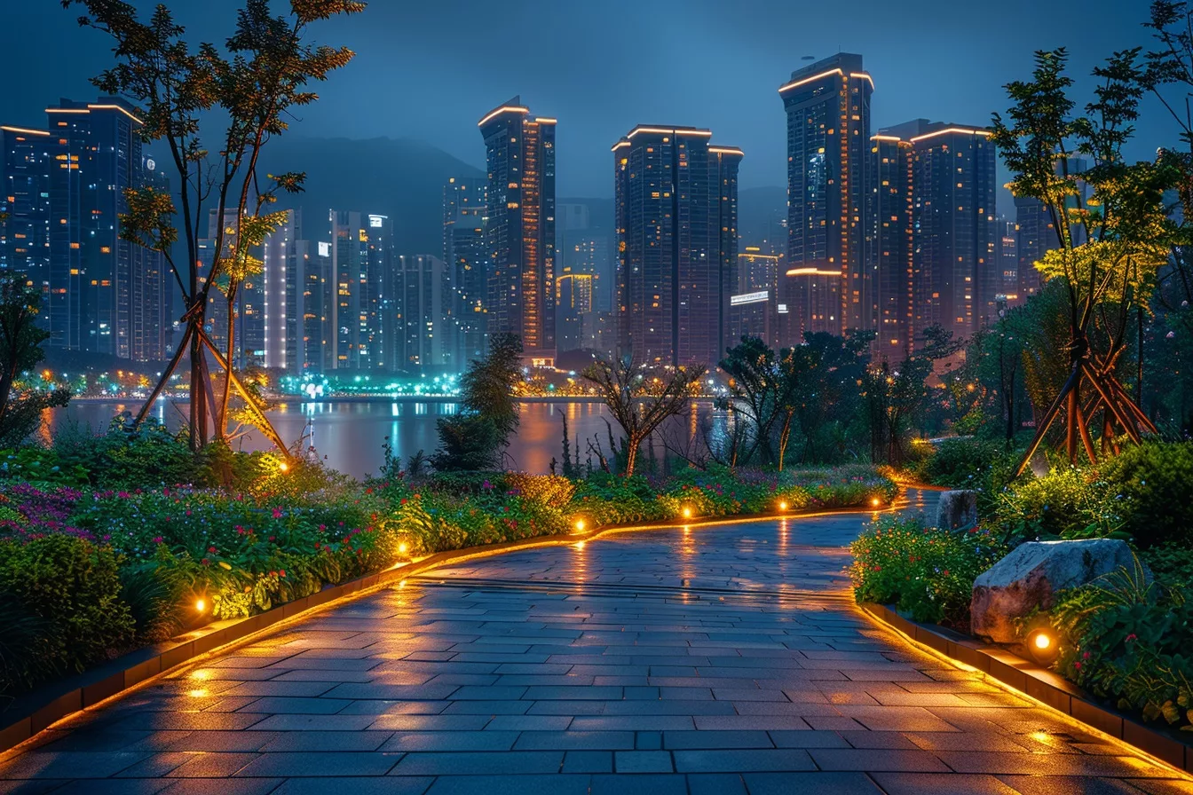 A Photo Of An Urban Area At Night With Smart Lighting Systems That Adapt To The Environment, Showing Bright And Dimmed Areas Based On Activity.