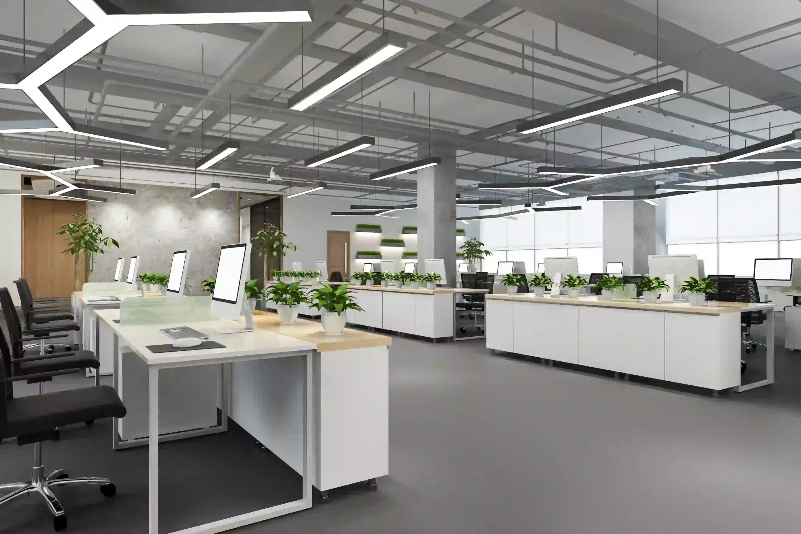 An Office Space Lit With 5000k Led Lights To Enhance Alertness And Focus.